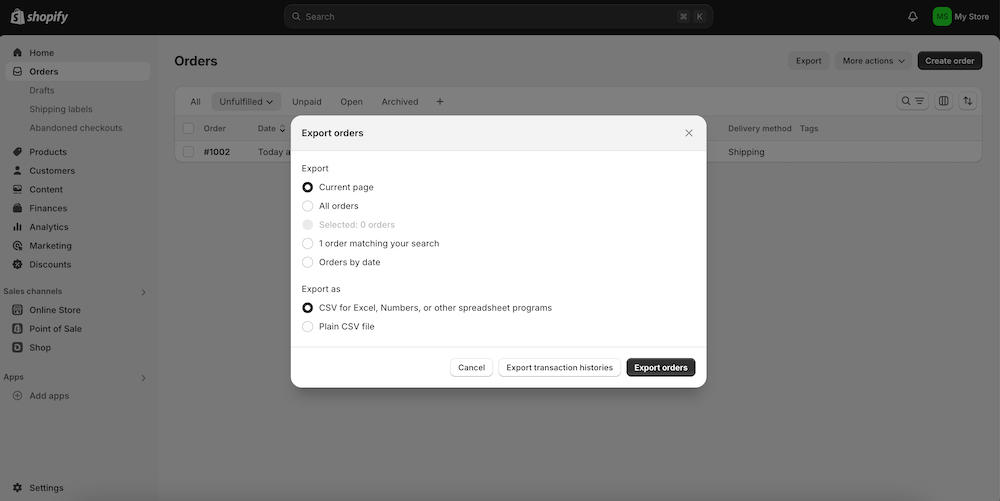 export orders in default way shopify