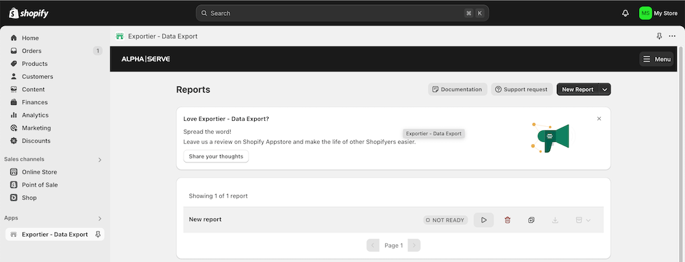 exportier run the export new report button