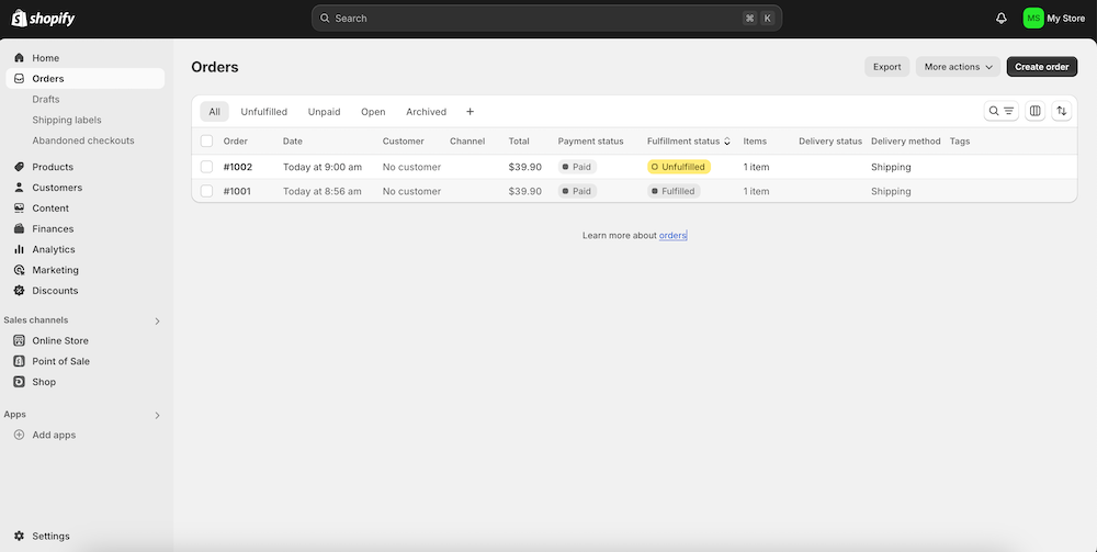 orders from shopify admin dashboard